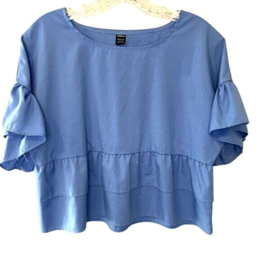 Shein Blue Ruffle Sleeve Tiered Top L